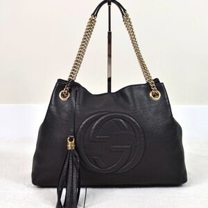 Gucci Black Leather Shoulder Bag with Gold Chain